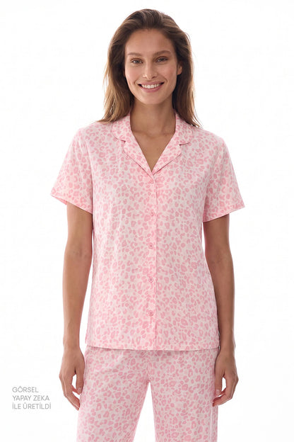 Pembe Leopar Kısa Kollu Gömlek Pantolon Pijama Takımı
