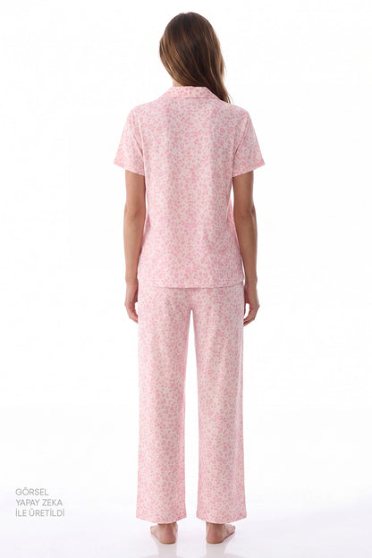 Pembe Leopar Kısa Kollu Gömlek Pantolon Pijama Takımı