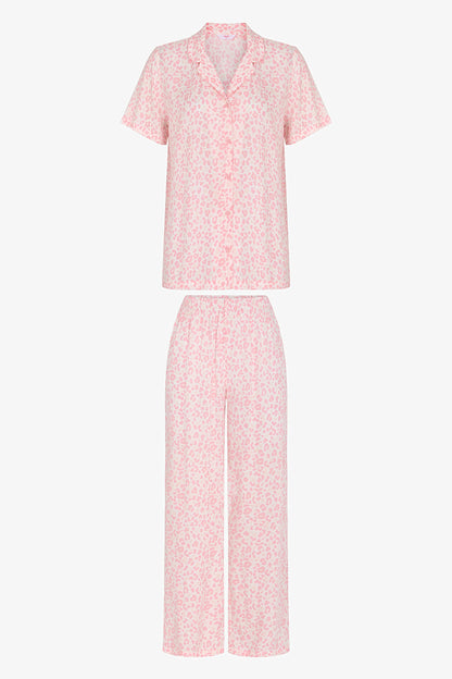 Pembe Leopar Kısa Kollu Gömlek Pantolon Pijama Takımı
