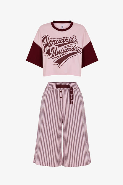 Pembe Harvard Graffiti Desenli Kısa Kollu Şort Pijama Takımı