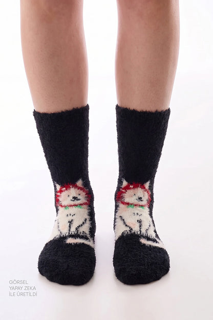 Gri Happy Cat Kedi Desenli Soket Çorap