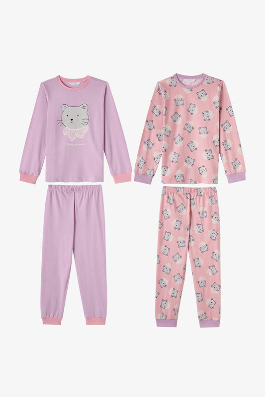 Kız Çocuk Pembe Dainty Kitty Pamuklu Uzun Kollu 2'li Pijama Takımı