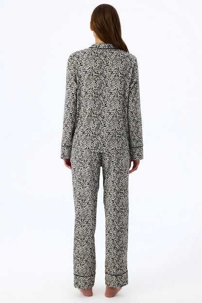 Ekru Noir Garden Leopar Desenli Uzun Kollu Gömlek Pantolon Pijama Takımı