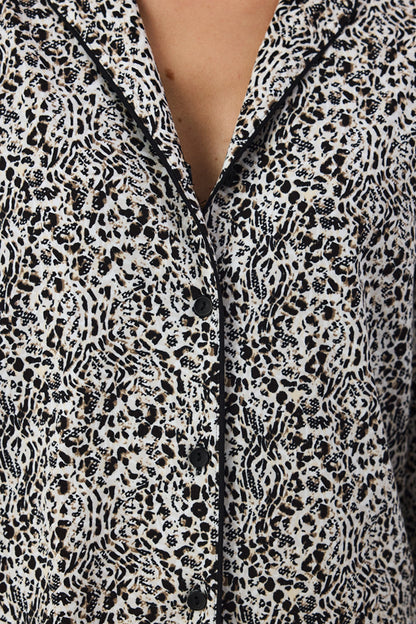Ekru Noir Garden Leopar Desenli Uzun Kollu Gömlek Pantolon Pijama Takımı