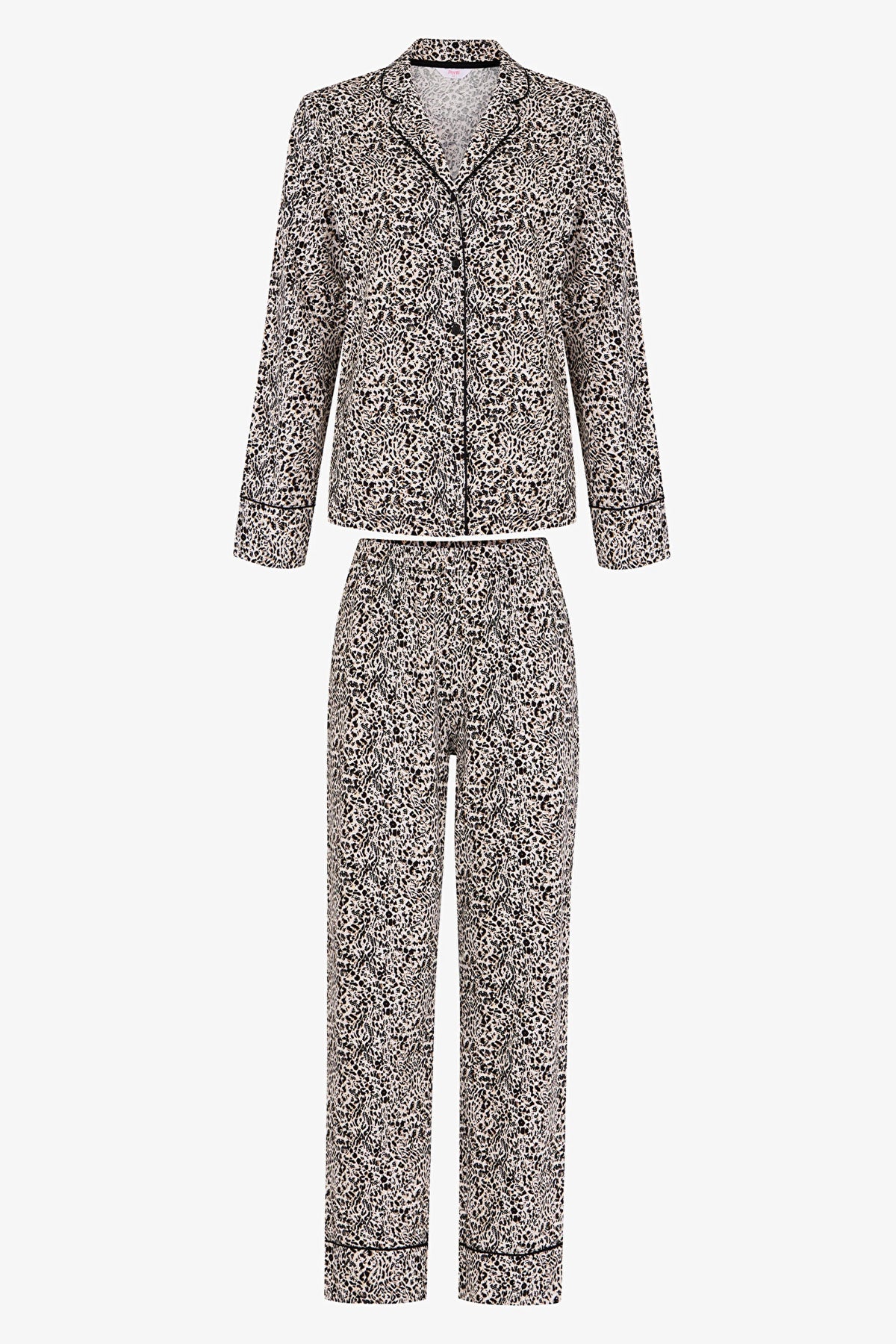 Ekru Noir Garden Leopar Desenli Uzun Kollu Gömlek Pantolon Pijama Takımı