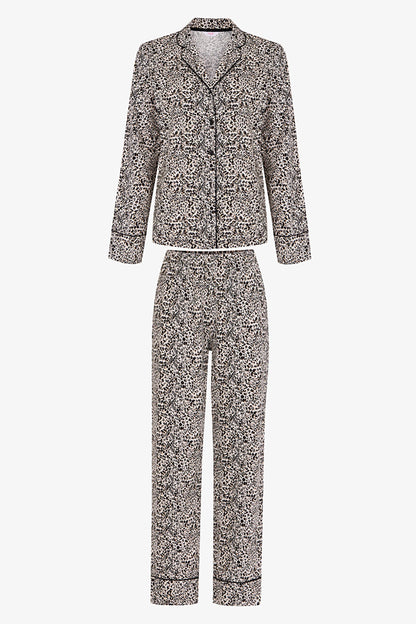 Ekru Noir Garden Leopar Desenli Uzun Kollu Gömlek Pantolon Pijama Takımı