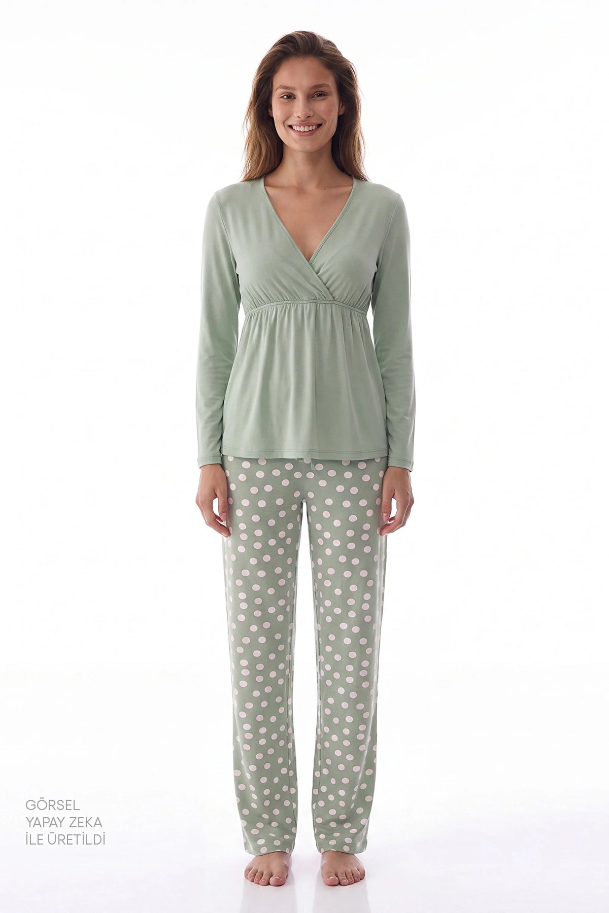 Yeşil Mama Puantiye Desenli Uzun Kollu Pantolon Pijama Takımı