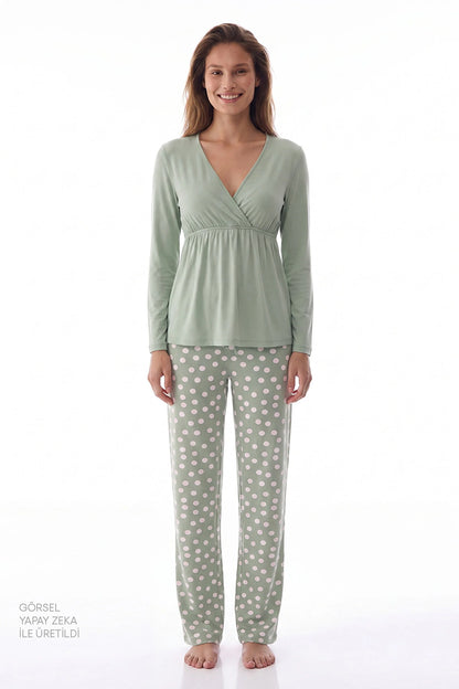 Yeşil Mama Puantiye Desenli Uzun Kollu Pantolon Pijama Takımı