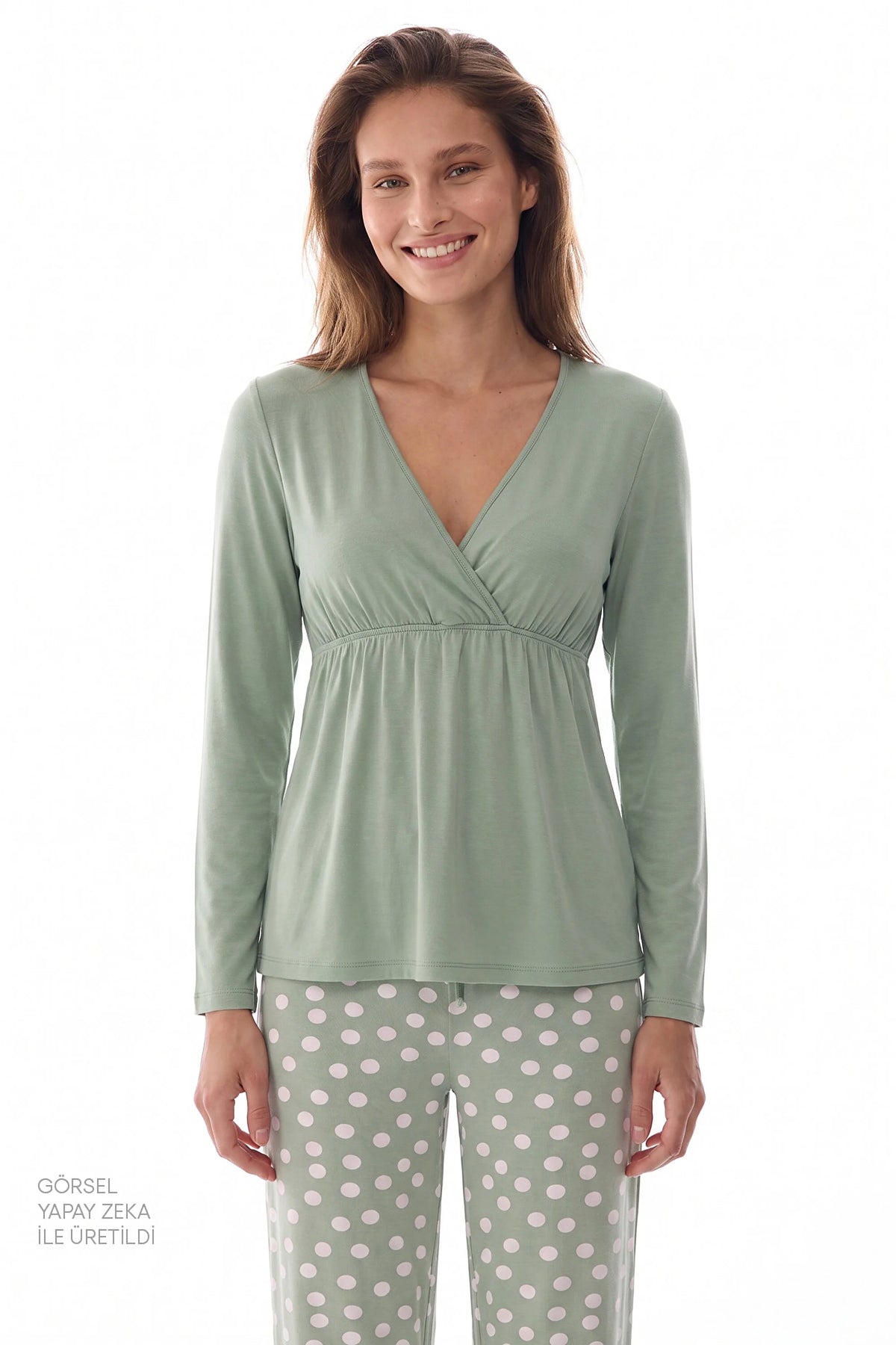 Yeşil Mama Puantiye Desenli Uzun Kollu Pantolon Pijama Takımı