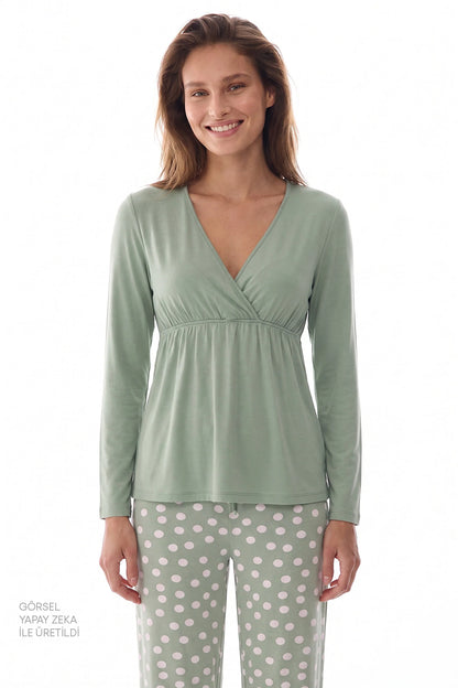 Yeşil Mama Puantiye Desenli Uzun Kollu Pantolon Pijama Takımı