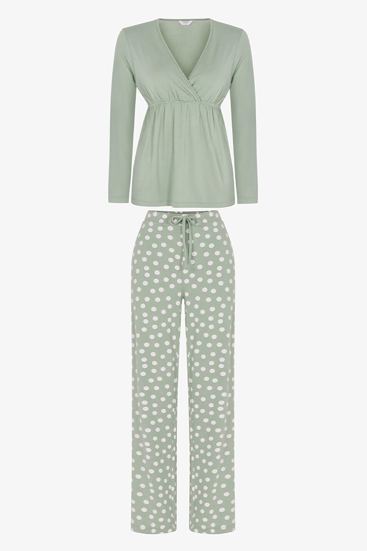 Yeşil Mama Puantiye Desenli Uzun Kollu Pantolon Pijama Takımı