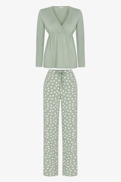 Yeşil Mama Puantiye Desenli Uzun Kollu Pantolon Pijama Takımı