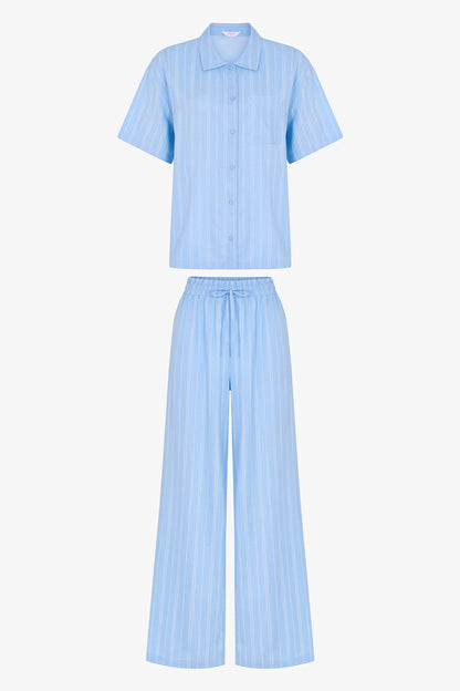 Mavi Vacation Çizgili Kısa Kollu Gömlek Pantolon Pijama Takımı
