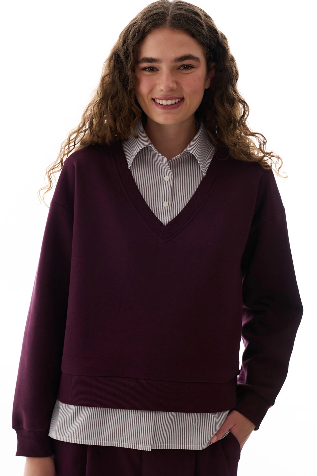 Bordo Gömlek Katmanlı Polo Yaka Sweatshirt