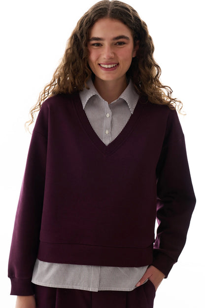 Bordo Gömlek Katmanlı Polo Yaka Sweatshirt