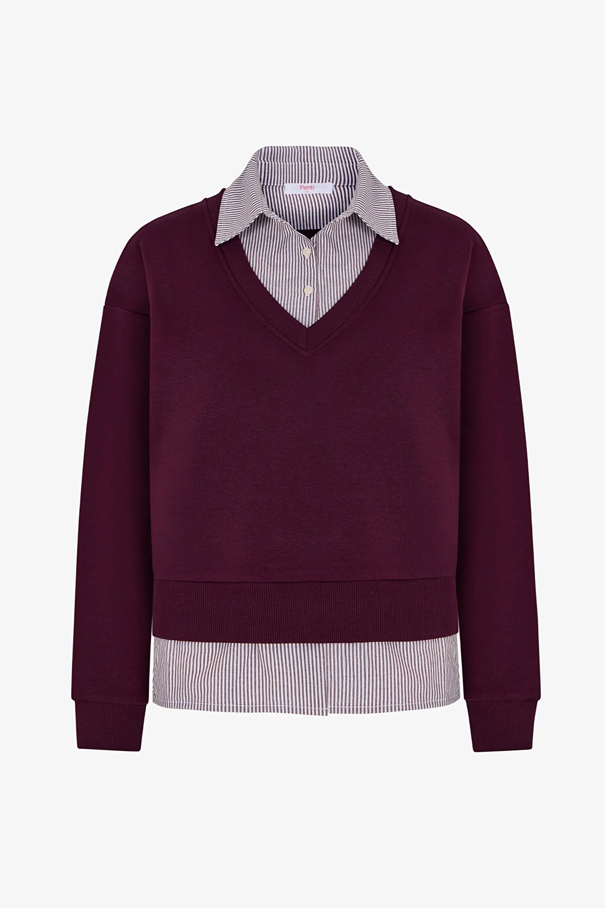 Bordo Gömlek Katmanlı Polo Yaka Sweatshirt