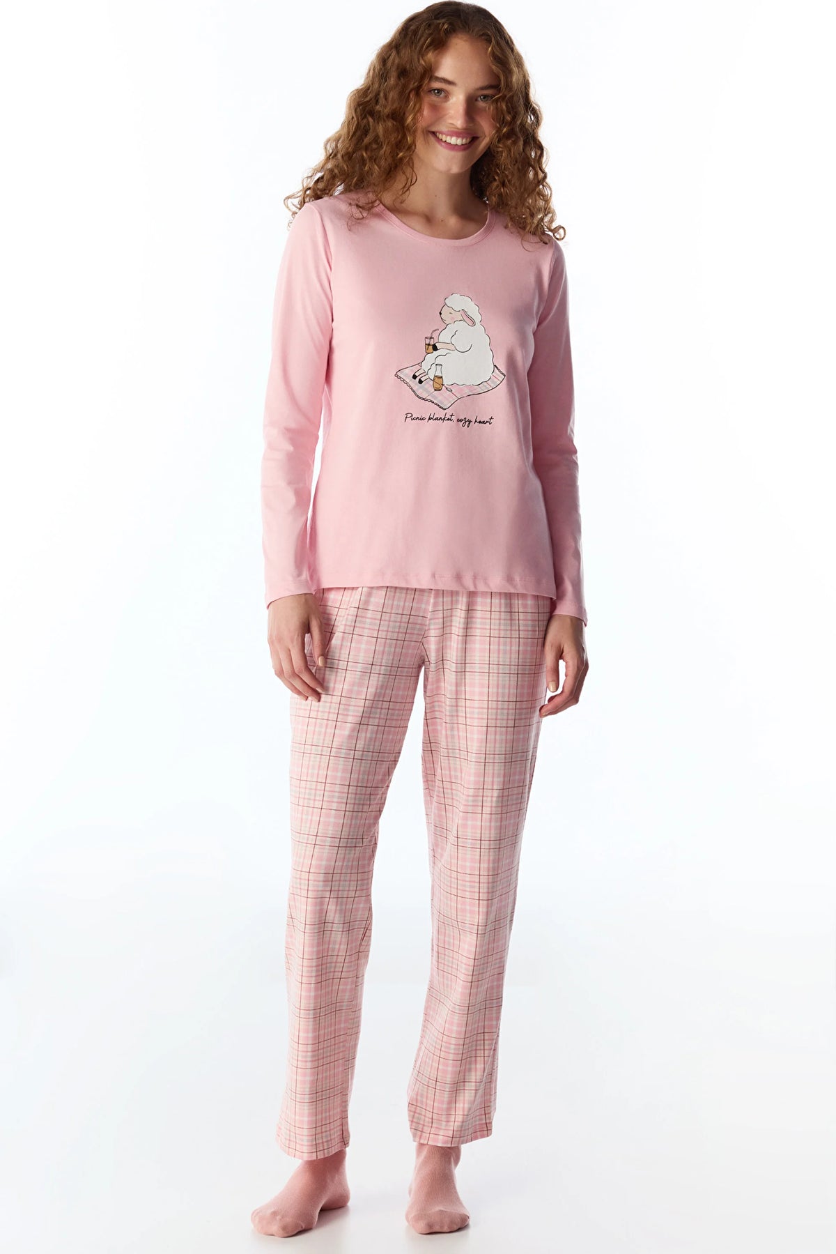 Pembe Rahat Kalp Uzun Kollu Pantolon Pijama Takımı