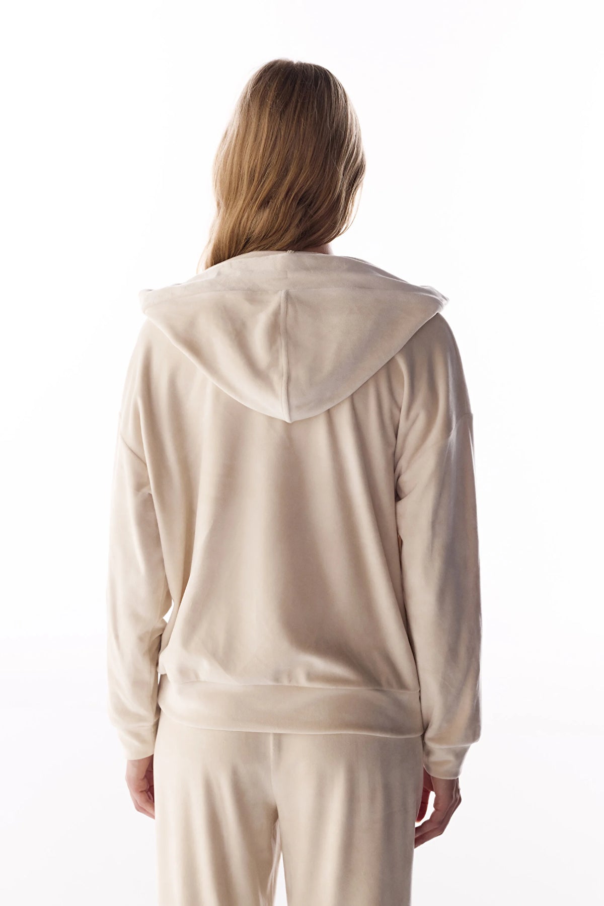 Bej Soft Kadife V Yaka Uzun Kollu Sweatshirt
