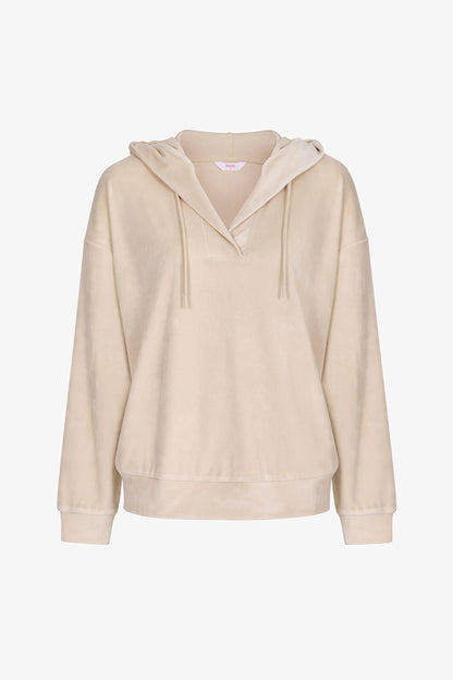Bej Soft Kadife V Yaka Uzun Kollu Sweatshirt