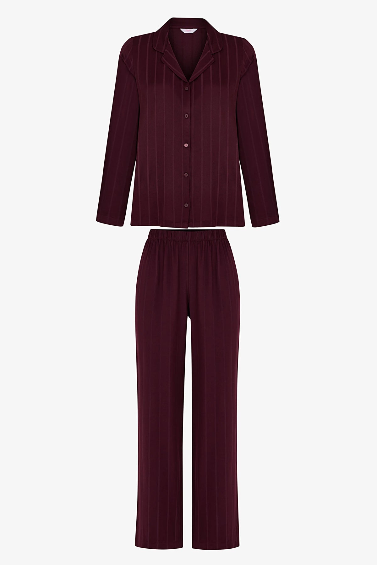 Bordo Maroon Saten Çizgili Uzun Kollu Gömlek Pantolon Pijama Takımı
