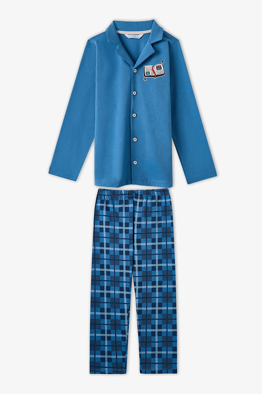 Erkek Çocuk Mavi Book Lovers Ekoseli Pamuklu Düğmeli Uzun Kollu Gömlek Pantolon Pijama Takımı