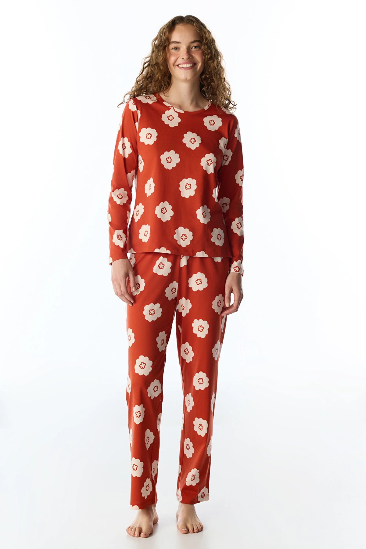 Turuncu Soft Bloom Çiçekli Uzun Kollu Pantolon Pijama Takımı