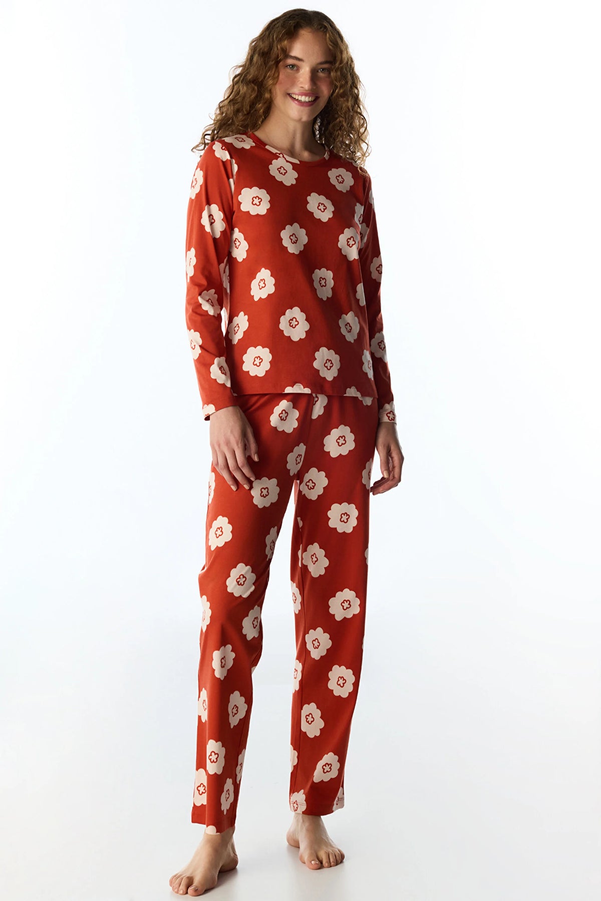 Turuncu Soft Bloom Çiçekli Uzun Kollu Pantolon Pijama Takımı