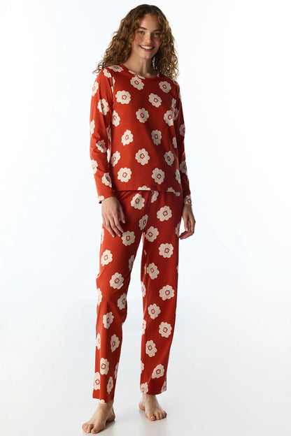Turuncu Soft Bloom Çiçekli Uzun Kollu Pantolon Pijama Takımı