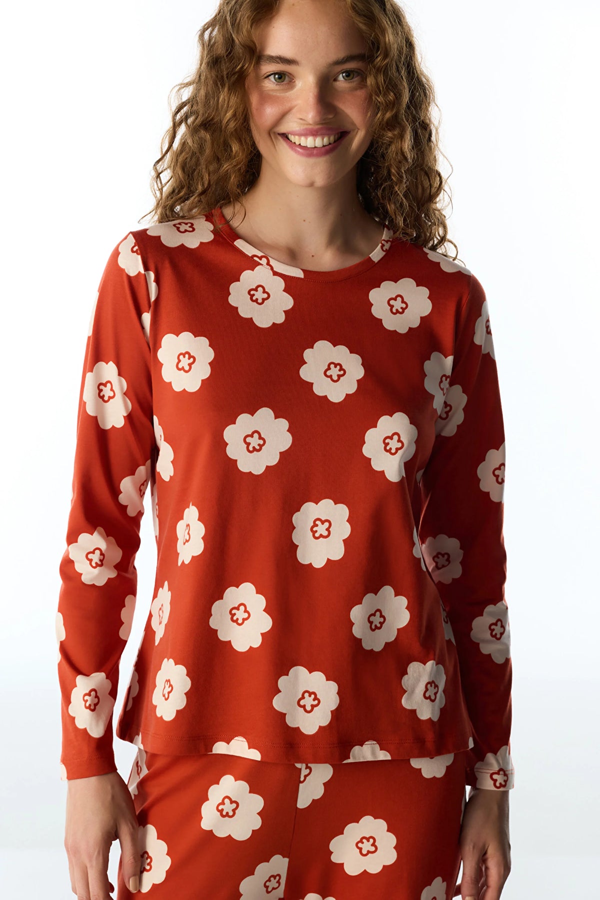 Turuncu Soft Bloom Çiçekli Uzun Kollu Pantolon Pijama Takımı