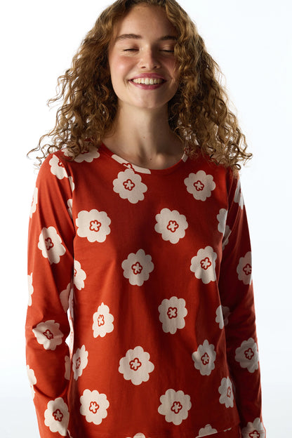Turuncu Soft Bloom Çiçekli Uzun Kollu Pantolon Pijama Takımı