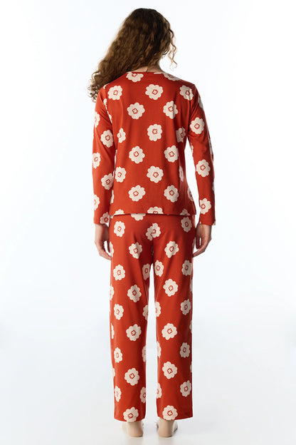 Turuncu Soft Bloom Çiçekli Uzun Kollu Pantolon Pijama Takımı