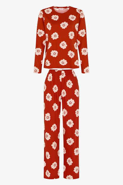 Turuncu Soft Bloom Çiçekli Uzun Kollu Pantolon Pijama Takımı