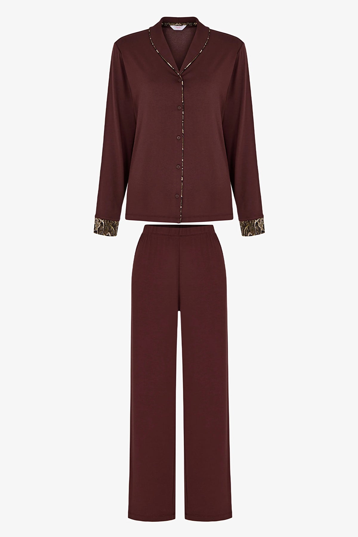 Kahverengi Margot Yılan Desenli Uzun Kollu Gömlek Pantolon Pijama Takımı