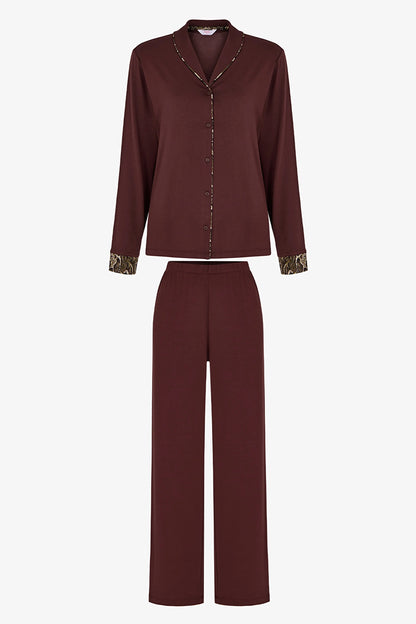 Kahverengi Margot Yılan Desenli Uzun Kollu Gömlek Pantolon Pijama Takımı