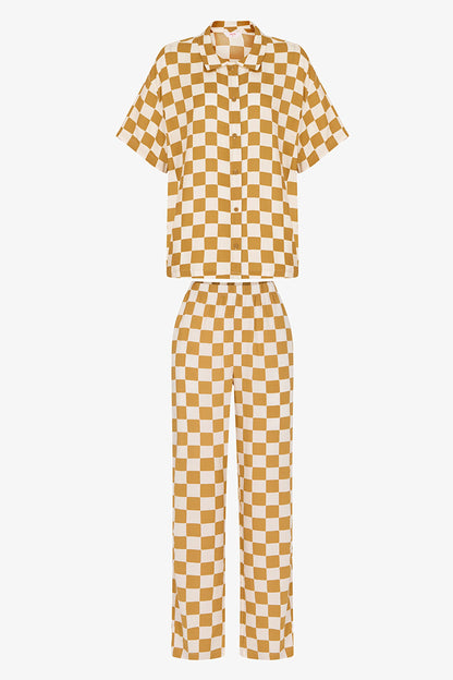 Sarı Hannah Dama Desenli Kısa Kollu Gömlek Pantolon Pijama Takımı