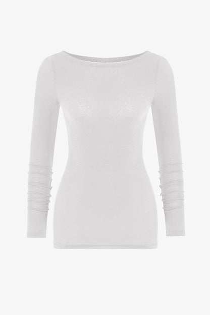 Ekru Clean Kayık Yaka Kaşmir Uzun Kollu Bluz