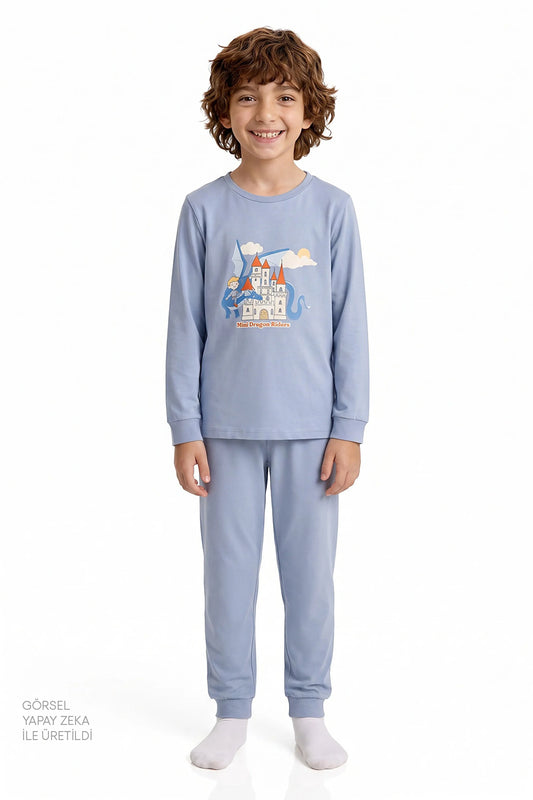 Erkek Çocuk Mavi Mini Dragon Riders Pamuklu Uzun Kollu 2'li Pijama Takımı