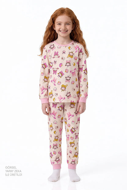 Kız Çocuk Kindly Friends Pamuklu Uzun Kollu 2'li Pijama Takımı