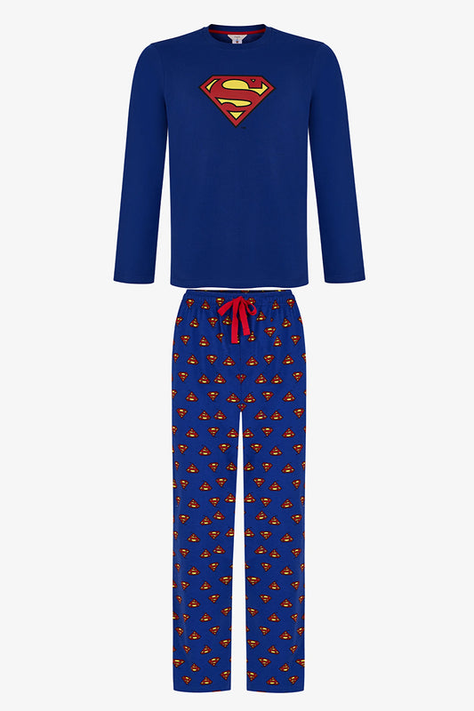 Erkek Superman Ekoseli Pantolon Uzun Kollu Pijama Takımı