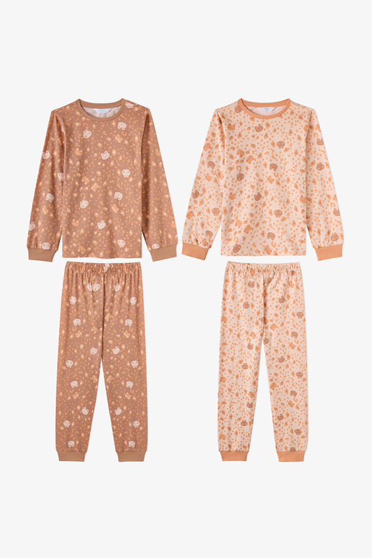 Kız Çocuk Sevimli Leopar Pamuklu Uzun Kollu 2'li Pijama Takımı