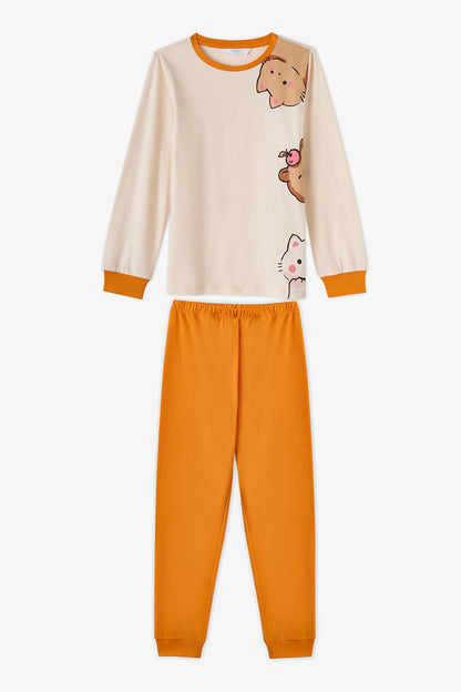 Kız Çocuk Turuncu Don't Worry Pamuklu Uzun Kollu 2'li Pijama Takımı