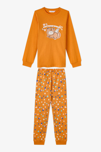 Kız Çocuk Turuncu Don't Worry Pamuklu Uzun Kollu 2'li Pijama Takımı