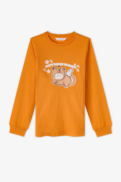 Kız Çocuk Turuncu Don't Worry Pamuklu Uzun Kollu 2'li Pijama Takımı