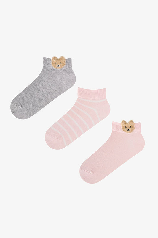 Beyaz Gri Pembe Cute Teddy Bear Pamuklu 3 Çift Patik Çorap