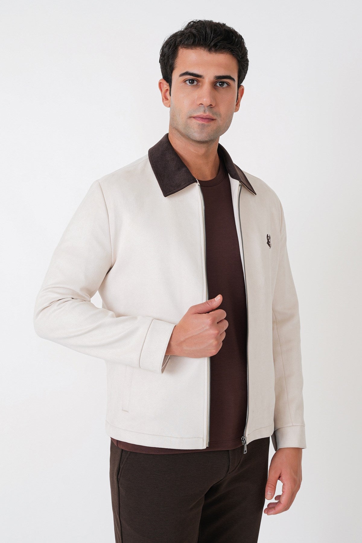Comfort Fit Erkek Yaka Açık Bej Süet Mont Mt 183