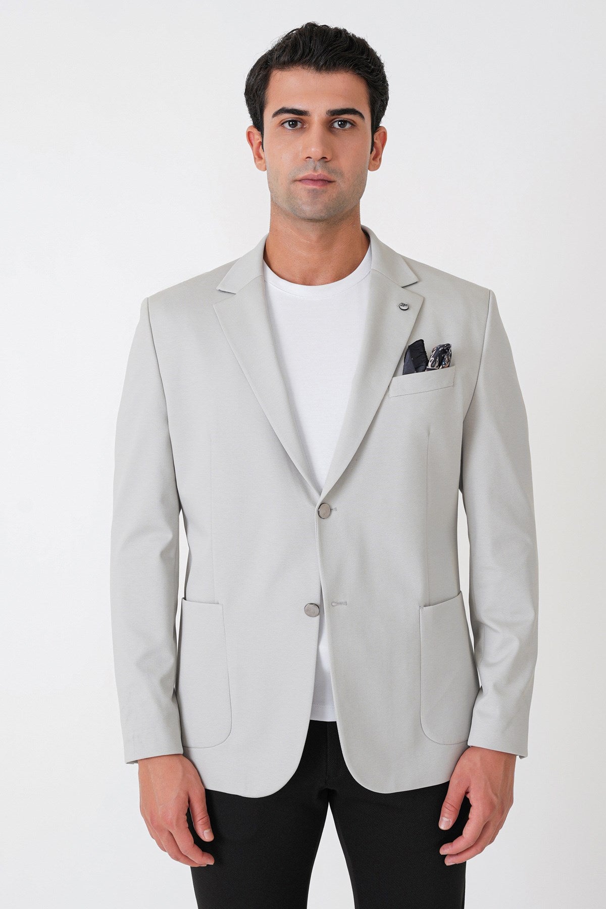 Comfort Fit Çift Yırtmaç Torba Cep Metal Düğmeli Gri Blazer Ceket C 734