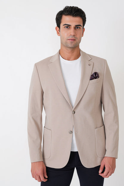 Comfort Fit Çift Yırtmaç Torba Cep Metal Düğmeli Bej Blazer Ceket C 734