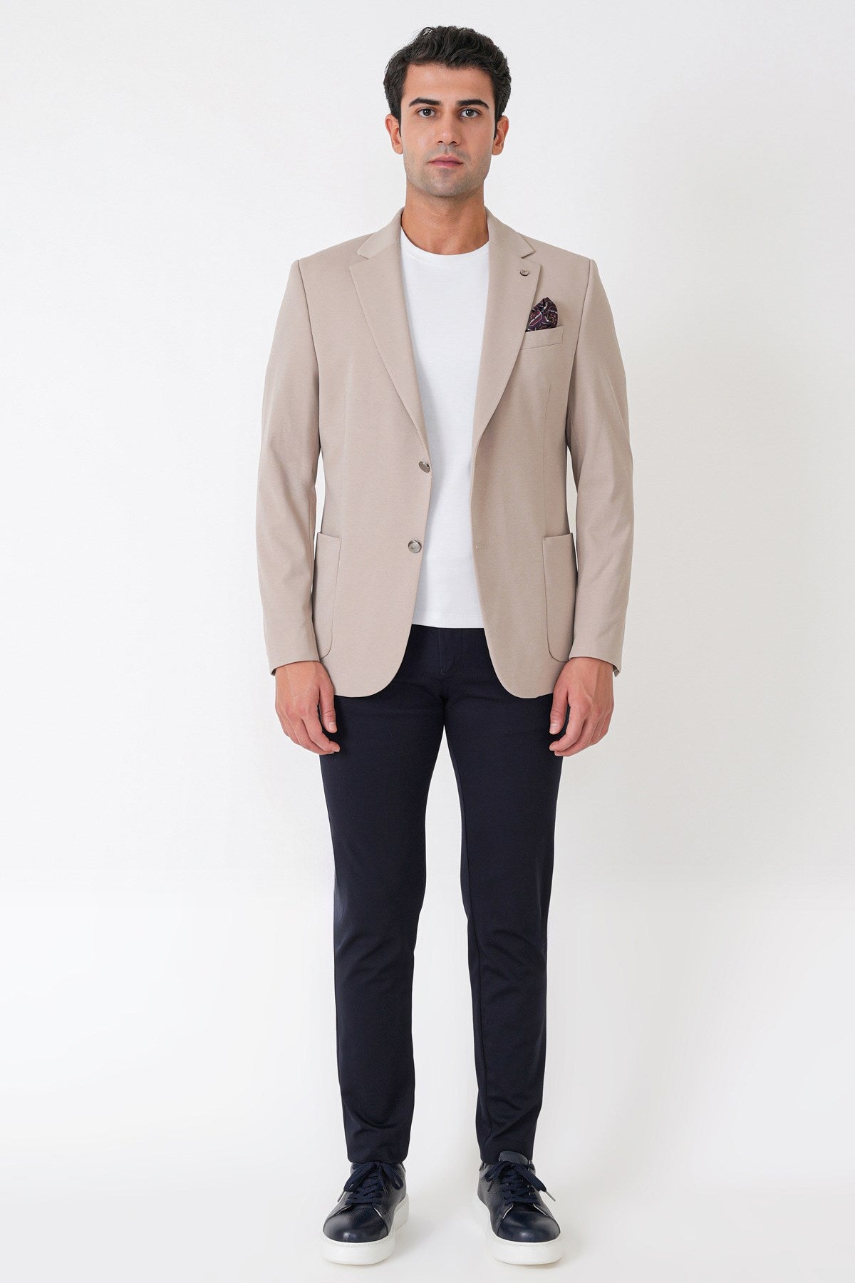 Comfort Fit Çift Yırtmaç Torba Cep Metal Düğmeli Bej Blazer Ceket C 734