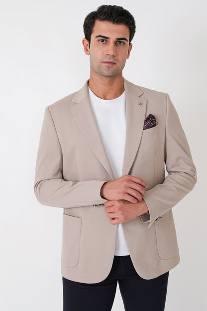 Comfort Fit Çift Yırtmaç Torba Cep Metal Düğmeli Bej Blazer Ceket C 734