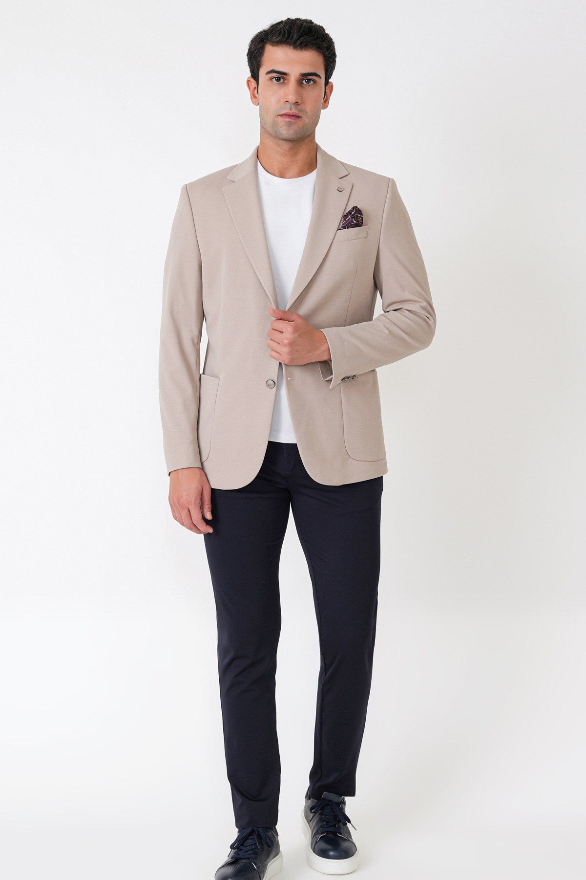 Comfort Fit Çift Yırtmaç Torba Cep Metal Düğmeli Bej Blazer Ceket C 734